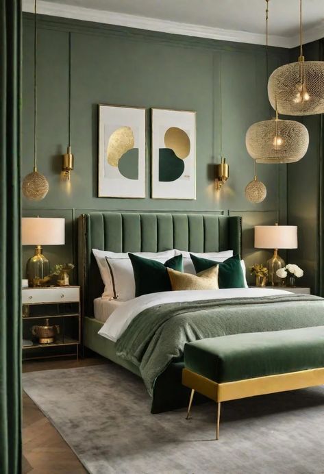 29 Sage Green Bedroom Ideas to Transform Your Space into an Oasis 13 Green Bed Decor Ideas, Green Bedroom Design Ideas, Earthy Tone Bedroom Aesthetic, Green And Gold Master Bedrooms Decor, Green Wall Room Decor, Sage Green Bedroom Ideas Inspiration, Green Bed Design, Green Tone Bedroom, Green Bed Bedroom Ideas