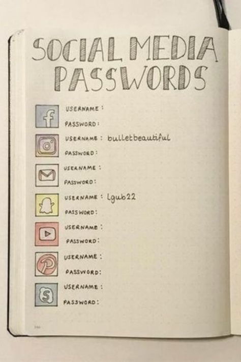 Social Media Passwords, Bullet Journal Page Ideas, Journal Page Ideas, Bullet Journal Lists, Bullet Journal Work, خريطة ذهنية, Bullet Journal Page, Bullet Journal 2020, Penanda Buku