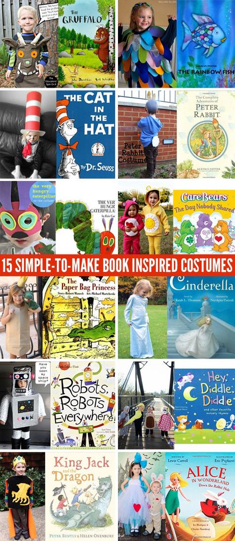 15 Simple-to-Make Book Inspired Costumes for Book Week, World Book Day or Halloween Book Inspired Costumes, Children's Book Characters Costumes, Kids Book Character Costumes, Storybook Character Costumes, Book Characters Dress Up, Inspired Costumes, Book Character Day, Children's Book Characters, Character Dress Up