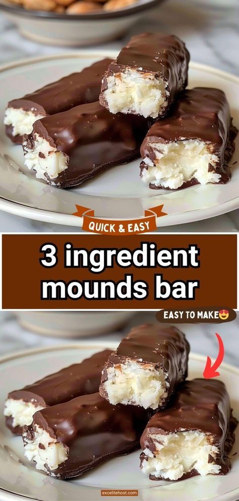 3 ingredient mounds bar Mounds Bars With Just 3 Ingredients, 3 Ingredient Mounds Bars Recipe, Keto Mounds Bars, Coconut Mounds Bars, 3 Ingredient Candy Recipes, Homemade Mounds Bars, Copycat Candy Recipes, Desserts To Sell Homemade, Three Ingredient Desserts