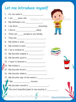 Let me Introduce Myself Worksheet for kids - Your Home Teacher English Conversation Worksheets, Nursery School Activities, English Conversation For Kids, Oral Language Activities, Preschool Music Activities, Test For Kids, Teach English To Kids, Let Me Introduce Myself, Kids Worksheet