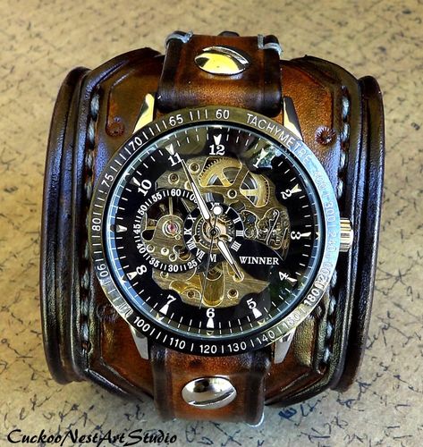 Men's Steampunk Wrist Watch Leather Watch Skeleton | Etsy Leather Watch Cuff, Steampunk Leather, Steampunk Watch, Diesel Punk, Brown Watches, Skeleton Watches, Cuff Watch, Watch Bracelet, Waterproof Watch