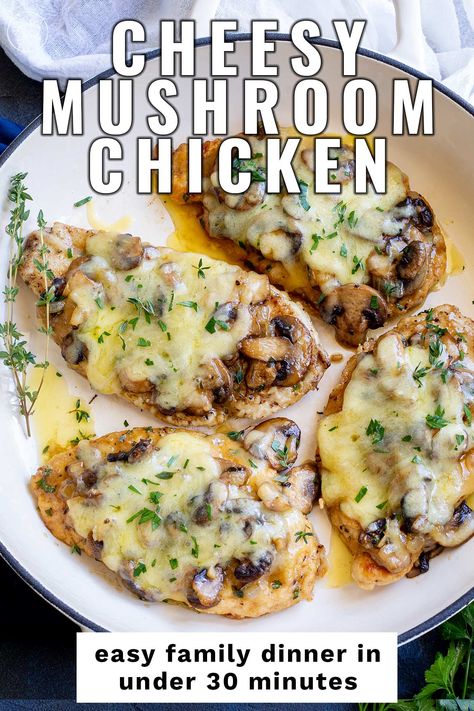 This Cheesy Smothered Mushroom Chicken is a comforting flavorful meal that the whole family will love; who doesn't love oozy melty cheese? It can be ready in under 30 minutes and is a great midweek meal cooked in one pan! First, the chicken breasts are seared so they stay nice and juicy, then topped with delicious mushrooms and plenty of cheese. Then, this is blasted in the oven to get that perfect melty cheese. This Cheesy Smothered Mushroom Chicken is a flavor-packed meal I know you'll love. Smothered Chicken With Spinach And Mushrooms, Chicken Mushrooms Cheese Recipes, Smothered Chicken With Cheese, Smothered Chicken Mushrooms, Stuffed Chicken With Mushrooms, Chicken With Mushrooms And Cheese, Dinners With Mushrooms Easy, Mushroom And Onion Chicken, Grilled Chicken Mushroom Recipes