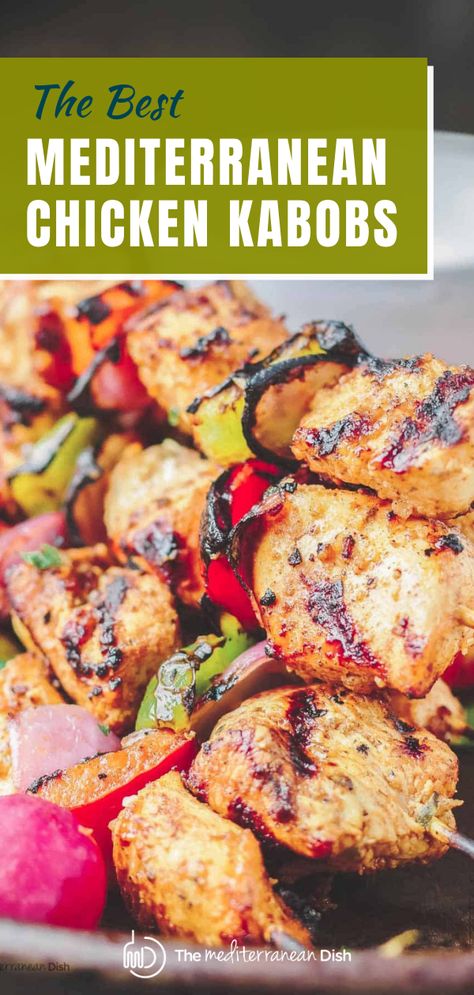 Chicken Kabobs with vegetable on a dish Best Chicken Kabobs, Chicken Kabob Marinade, Chicken Shish Kabobs, Kabob Marinade, Best Grilled Chicken, Mediterranean Grilled Chicken, Grilled Kabob Recipes, Chicken Kabob Recipes, Grilled Chicken Kabobs