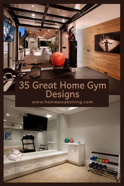 See 35 amazing home gyms (photo gallery) #homegym #homedesign Small Gym Room, Home Gym Room, Workout Room Design, Basement Workout Room, Home Gym Layout, Living Room Gym, Home Gym Basement, Building A Home Gym, Home Gym Inspiration