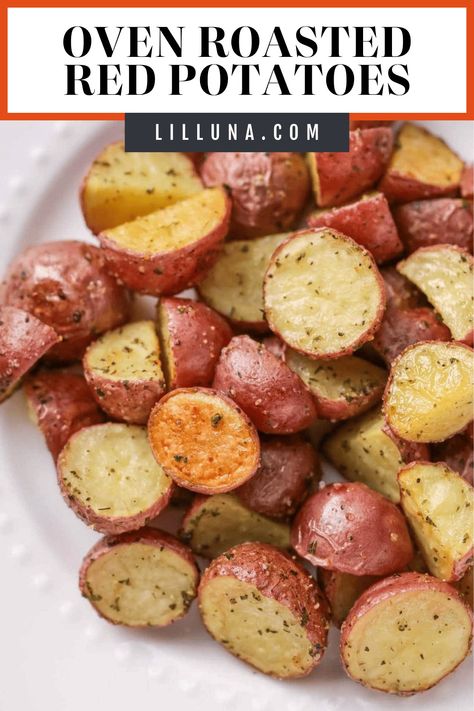 With a handful of ingredients, and 30 minutes bake time - crispy, seasoned Oven Roasted Red Potatoes will add flavor to any meal! #ovenroastedredpotatoes #redpotatoes #ovenroastedpotatoes #potatoes #roastedpotatoes Small Red Potato Recipes, Red Potatoes In Oven, Roasted Red Potatoes Oven, Red Potatoes Oven, Baked Red Potatoes, Oven Roasted Red Potatoes, Cooking Red Potatoes, Chicken Fingers Baked, Mashed Red Potatoes