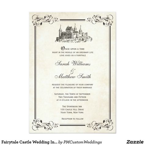 Fairytale Castle Wedding Invitations Once upon a time right in the middle of an ordinary life, love gives us a fairytale. Elegant fairytale castle wedding invitations with an ornate leaf border and a vintage parchment background. Perfect for your storybook princess wedding! Charcoal grey border and castle, also available in other color schemes. Please contact pmcustomweddings@hotmail.com for custom colors. Get the matching RSVP cards. Castle Wedding Invitations, Cinderella Wedding Invitations, Disney Wedding Invitations, Fairytale Wedding Invitations, Storybook Wedding, Cinderella Wedding, Disney Invitations, Fairytale Castle, Fun Wedding Invitations