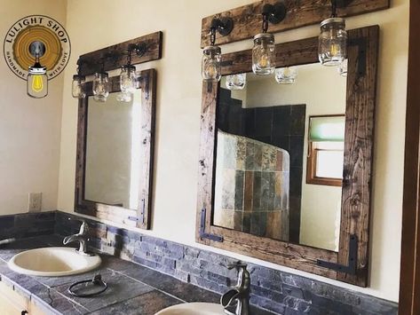 Mason Jar Light Fixture, Farmhouse Style Lighting, Industrial Style Bathroom, Distressed Mirror, Farmhouse Mirrors, Rustic Mirrors, Rustic Bathroom Decor, Mason Jar Lighting, Jar Lights