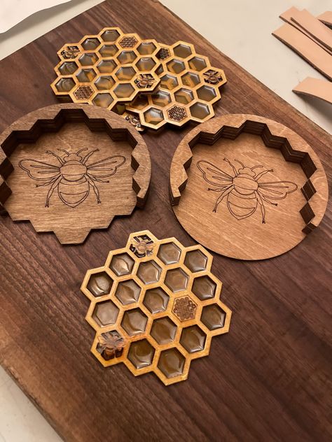 Bee Coasters, Honeycomb Coasters, Coasters Holder, Bee Kitchen, Wood Bees, Real Honey, Idee Cricut, Laser Cut Wood Crafts, Laser Engraved Ideas