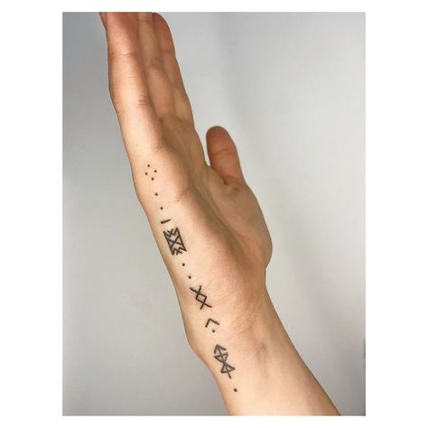 Runic Arm Tattoo, Viking Ankle Tattoo, Hand Tattoos Runes, Fine Line Rune Tattoo, Modern Viking Tattoo, Danish Symbols Tattoos, Small Rune Tattoos, Rune Wrist Tattoo, Feminine Rune Tattoo