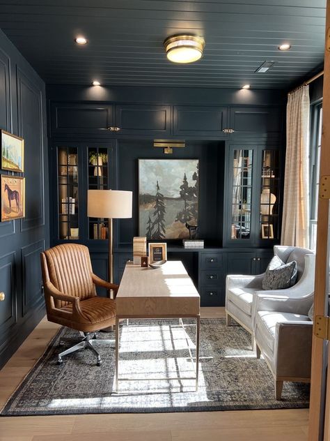 Moody Office Inspo Entire Room Painted One Color, Dark Office Built Ins, Office Mens Decor, Office Desk In Middle Of Room, Dark Walls Office, Painted Ceiling Office, Home Office Men Ideas, Man’s Home Office, Long Office Layout