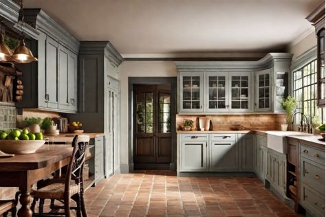 Spacious rustic kitchen with gray cabinetry, farmhouse sink, wooden dining table, and brick flooring. Kitchen New England Style, Colonial Inspired Kitchen, Kitchen Colonial Style, Colonial Townhouse Interior Design, Colonial Style Kitchens, Colonial Decorating Ideas, New England Interior Design Style, Old Colonial Homes Interior, Colonial House Interior Design Kitchen