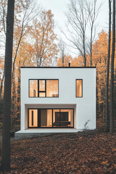 Modern minimalist white geometric house by the woods. Check out these sleek white modern house designs that blend style with simplicity to inspire your next dream home. Minimalist Residential Architecture, Compound Floor Design, House Design Minimalist Exterior, Small Modern Home Exterior, Modern House Simple, Nice House Exterior, Minimalist House Design Interior, Narrow Modern House, Minimalist House Exterior