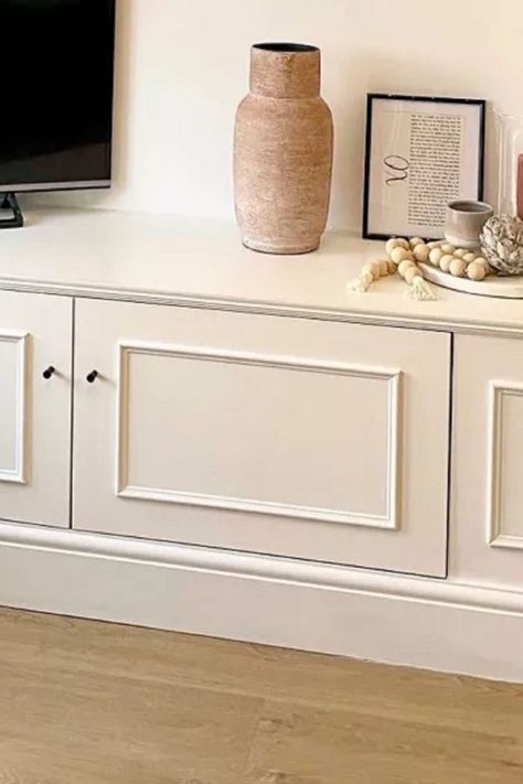 Ikea Built In Console Hack, Built In Sideboard Ikea, Ikea Besta Tv Stand Hack, Timeless Tv Stand, Built In Tv Unit Ikea Hack, Ikea Hack Media Console, Ikea Besta Cabinet Hack, Tv Console Storage Ideas, Ikea Living Room Storage Besta