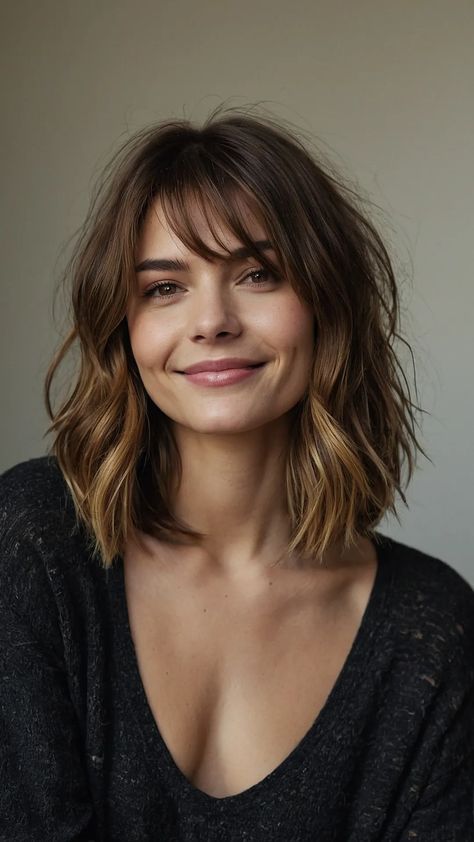 Elevate Your Style with These 15 Trendy Shoulder Length Haircuts with Layers - Inspire Inlet Short Layered Haircuts Dark Hair, Mid Length Hair With Choppy Layers, Shoulder Length Hair Cuts With Layers And Curtain Bangs, Collar Length Hair Layers, Shoulder Length Hair Choppy Layers, Hair Cuts Side Bangs, Above The Shoulder Haircut With Bangs, Fun Medium Length Hairstyles, Shoulder Length Hair Cuts With Layers For Wavy Hair Medium