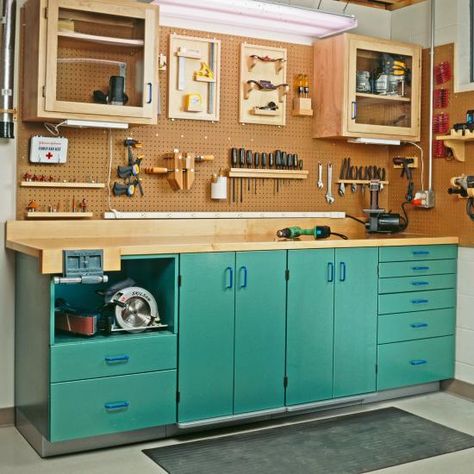 Kitchen Cabinet Workbench, Small Workshop Layout, Workbench Organization, Workbench Plan, Workbench Ideas, Project Paper, Garage Workshop Organization, Garage Studio, Workshop Studio