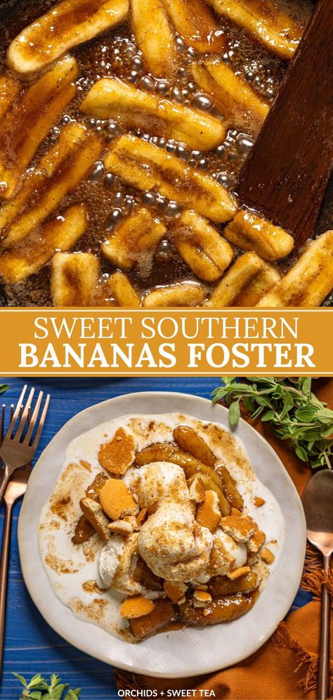 Taste the South with my mouthwatering Southern Bananas Foster! This classic dessert is a true delight, with ripe bananas caramelized to perfection in a rich, buttery sauce infused with hints of cinnamon + rum. Served warm over a scoop of vanilla ice cream, it's the ultimate treat for any occasion. | how to make bananas foster | homemade bananas foster | bananas foster dessert recipes | southern dessert recipes | best bananas foster recipe | bananas foster recipe with rum | banana dessert recipes Thanksgiving Banana Recipes, Easy Bananas Foster Recipe, Banana Foster Recipe Without Rum, Banana Foster Recipe Rum, Banana Foster Cupcakes, Easy Banana Foster Recipe, Recipes For Frozen Bananas, Bananas Foster Recipe Non Alcoholic, Cooked Banana Recipes