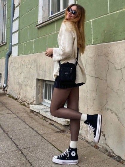 Black Tights And Converse Outfit, Tights And Sneakers Outfits, Socks Aesthetic Outfit, Dress With Tights And Sneakers, Converse Outfit Winter, Crew Socks Outfit, White Socks And Sneakers, Tights And Sneakers, High Socks Outfits