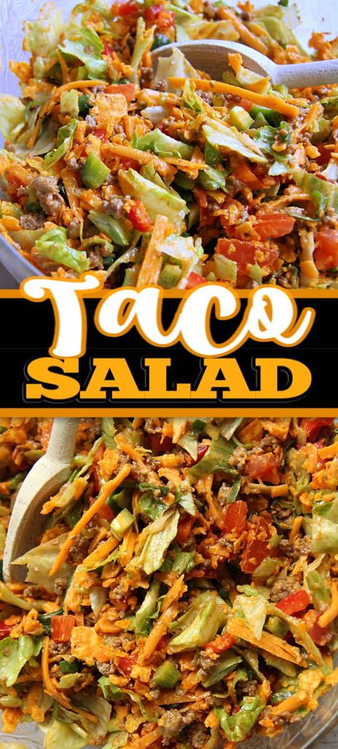 This TACO SALAD recipe is my go-to when I want a quick and easy meal. I love the spices and Doritos crunch! Plus, as evidence proved, it's a hit to take along to dinners and functions, it's the perfect camping and potluck salad! #tacosalad #salad #saladrecipe #camping #potlucksalad Taco Salad For Party, Classic Taco Salad, Taco Salad Western Dressing, French Dressing Taco Salad, Taco Salad Recipe Dorito, Taco Salad With Western Dressing, Cold Taco Salad, Salad Potluck, Doritos Taco Salad