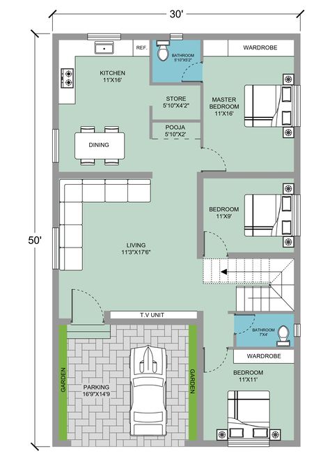 30x65 House Plans, 2 Bhk House Plan With Pooja Room, 3bhk House Plan With Pooja Room, North Facing House Plans India Vastu, Aesthetic Floor Plan, Home Parking Area Ideas, 3bhk Floor Plans, 3bhk Plan, 3 Bhk House Plan