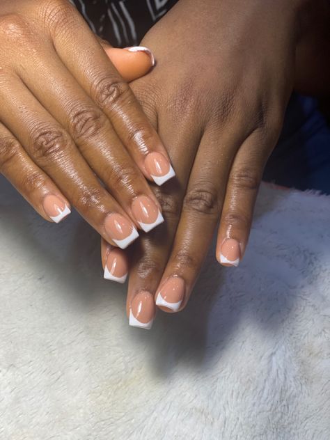 Acrylic 
Gel polish 
Nude nails 
French tips 
Summer nails Acrylic Nails With White Tips, Nude And White Nails, Acrylic Nails With White, Nails With White Tips, White Nails French, Short French Tips, Nude Acrylic Nails, Nails With White, White Tip Nails