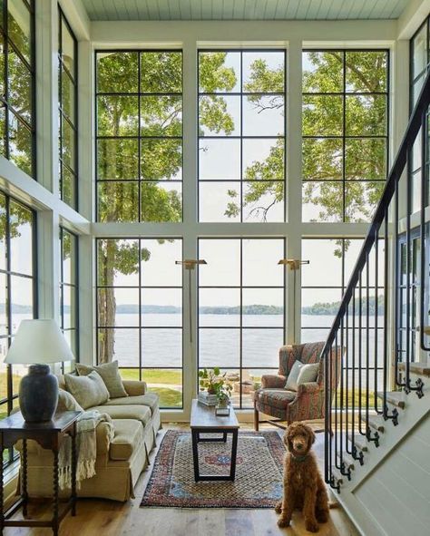 Lake House With Floor-To-Ceiling Windows On The Shores Of Chickamauga Lake, Tennessee House With Beautiful Gardens, House With Many Rooms, Lake House Inspo Exterior, Floor To Ceiling Windows Beach House, House Made Of Windows, Beautiful Rooms Decor, Windows Floor To Ceiling, Living Rooms With Windows, Floor Ceiling Windows