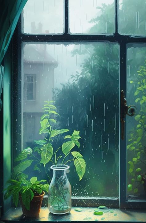 Rainy Art Aesthetic, Rainy Day Canvas Paintings, Rainy Window Drawing, Rain Illustration Rainy Days, Rainy Window Painting, Rainy Day Painting Acrylic, Rainy Illustration, Raindrop Drawing, Draws Aesthetic