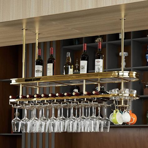 Bar With Hanging Glasses, Bar Rack Design, Ceiling Wine Glass Rack, Bar Glass Rack, Wine Rack With Glass Holder, Wine Bottle Holder Metal, Back Bar Design, Wine Glass Hanger, Wine Glass Shelf