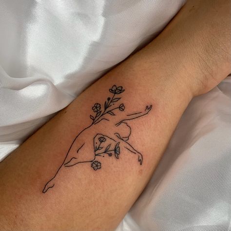 Ex Dancer Tattoo, Some Dance To Remember Tattoo, Dancer With Flowers Tattoo, Ballerina Line Tattoo, Small Minimalist Tattoo Meaning, Small Dancer Tattoo, Matching Dance Tattoos, Dancer Tattoo Ideas Silhouettes, Tap Dance Tattoo