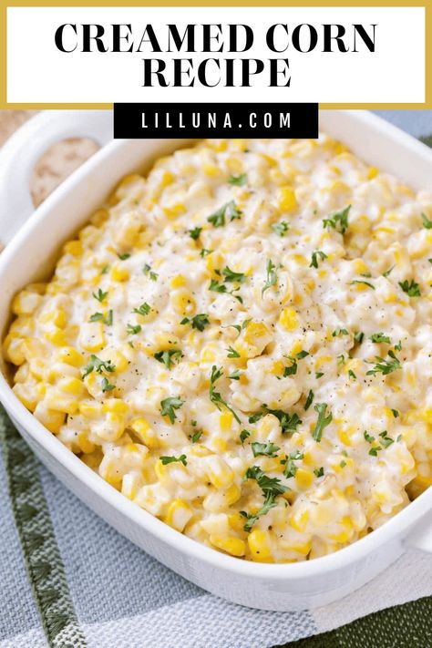 Better than the canned version, this smooth and buttery creamed corn recipe is easy, cheesy, and delicious! #creamedcorn #corn #sidedish #holiday #corndish Creamy Corn Recipe Side Dishes, Ruth Chris Corn Recipe, Cream Cheese Cream Corn, Creamed Corn Recipe Cream Cheese, Quick Creamed Corn, Pioneer Woman Creamed Corn, Gullivers Creamed Corn, Sweet Creamed Corn Recipe, Diy Cream Corn