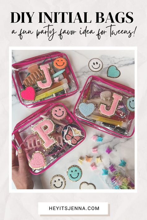 DIY Initial Favor Bags • hey, it's jenna Makeup Bag Gift Ideas Party Favors, Preppy Dessert Table, Skincare Party Favors, Birthday Diy Activities, 13 Birthday Goody Bags, Cute Party Favors Birthday, Princess Birthday Party Favors Gift Bags, Preppy Birthday Gift Bags, Custom Birthday Favors