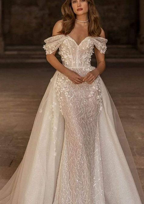 Mermaid Dress With Overskirt Prom, Wedding Dress With Side Train, Off Shoulder Embellished Wedding Dress, Mermaid Overskirt Wedding Dress, 2 In One Dress Bridal Gowns, Off The Shoulder Wedding Dress With Overskirt, Wedding Dresses With Over Skirt, 2024 Wedding Dresses Sleeves, Wedding Dress Mermaid With Overskirt