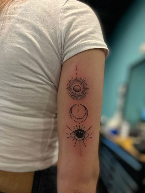 Sun Moon And Eye Tattoo, Evil Eye Sun And Moon Tattoo, Sun Moon And Saturn Tattoo, Sun Moon Evil Eye Tattoo, Sun Moon Eye Tattoo, Moon And Eye Tattoo, Eye And Moon Tattoo, Eye Moon Tattoo, Third Eye Tattoos