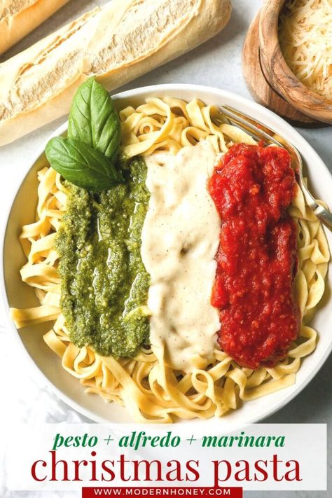 This Christmas Pasta is made with three popular sauces -- alfredo sauce, marinara sauce, and pesto sauce -- all tossed together with pasta. This Alfredo, Marinara, and Pesto Sauce Pasta is a surefire hit! Pesto Marinara Pasta, Dinner Pasta Recipes, Pesto Sauce Pasta, Ground Turkey Spinach, Popular Pasta Recipes, Multicultural Recipes, Christmas Pasta, Pasta Marinara, Pesto Sauce For Pasta