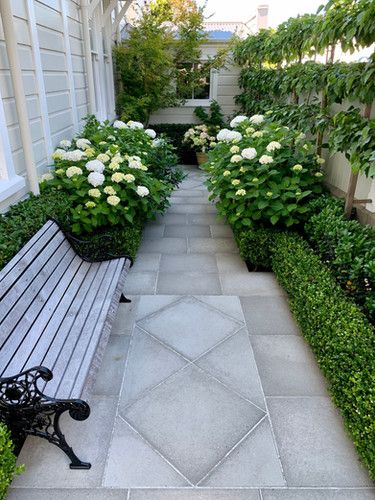 Side Yard Courtyard, Hedge Garden Design, Hamptons Garden, Hedge Garden, Driveway Garden, Hampton Garden, Narrow Garden, Garden Hedges, Front Garden Landscape