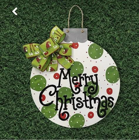 Christmas Ornament Door Hanger, Ornament Door Hanger, Door Hanger Bow, Ornament Door, Large Christmas Ornaments, Dollar Store Christmas Crafts, Merry Christmas Wreath, Door Signs Diy, Wood Wreath