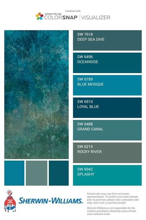 Teal Painted Room Ideas, Sw Turquoise Paint Colors, Deep Sea Dive Color Palette, Color Combinations With Teal Blue, Peacock Colors Bedroom, Deep Sea Blue Color, Behr White Wax, Teal Colors Palette, Deep Turquoise Color Palette