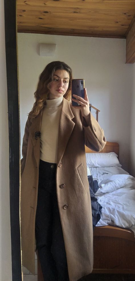 How To Style Beige Overcoat, Coat And Sweater Outfit, Brown Coat Women Outfit, How To Style Long Beige Coat, Turtleneck Trench Coat Outfit, Tan Coats For Women, Black And Beige Winter Outfit, Turtle Neck With Long Coat, Long Brown Peacoat Outfit