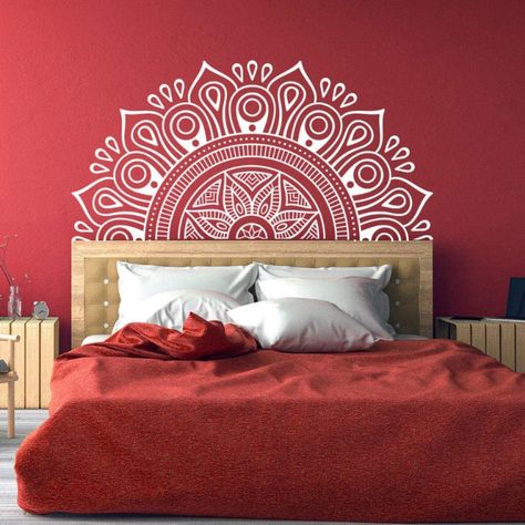 Mandala Wall Art Murals, Mandala Headboard, Vinyl Bedroom, Headboard Wall Decal, Bedroom Indian, Half Mandala, Home Wall Painting, Indian Room Decor, Creative Wall Painting