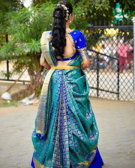 Blue Blouse Designs, Lehenga Style Saree, Blue Silk Saree, Lehenga Saree Design, Saree Wearing, Saree Wearing Styles, Half Saree Lehenga, Saree Draping Styles, Pattu Saree Blouse Designs