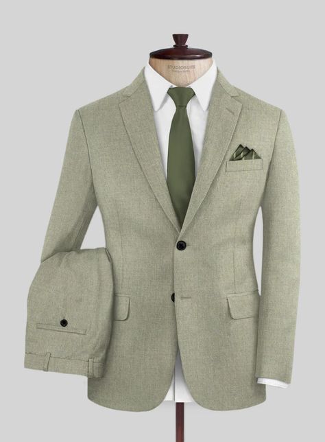 Italian Orfini Summer Green Wool Suit – StudioSuits Olive Green Suit For Groom, Grooms Men Suits Sage Green, White And Green Suit, Sage Green Suit Wedding, Light Green Suit, Green Wool Suit, Green Linen Suit, Summer Wedding Suit, Olive Suit