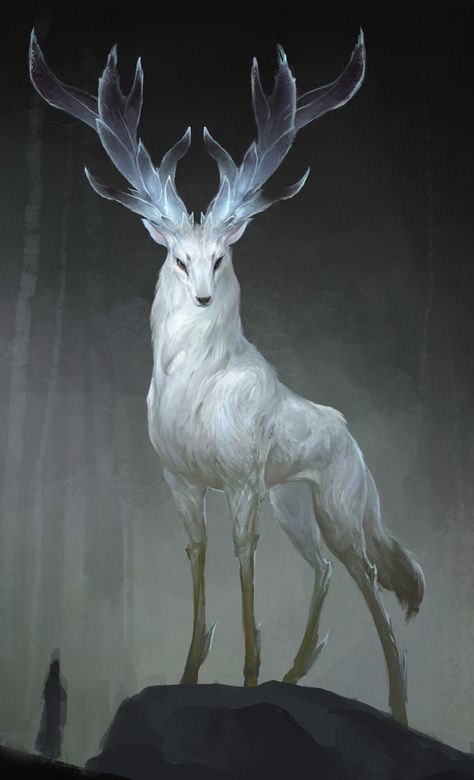 ArtStation - 2015_creature design, Qi Zhuang Albino Deer Art, White Stag Aesthetic, Magical Forest Creatures, Magical Creatures Aesthetic, Magical Animals Mythical Creatures, Creature Concept Art Monsters, Dnd Mounts, Forest Moodboard, Creatures Aesthetic