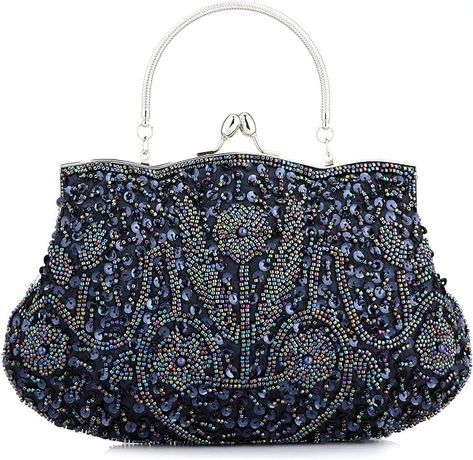 Vistatroy Floral Designer Evening Bag Beaded Sequin Design Vintage Kissing Lock Satin Clutch Purse Bag Wedding Party Clutch (Blue): Handbags: Amazon.com Flower Clutch, Evening Cocktail Party, Dress And Shoes, Sequin Flower, Party Handbags, Large Clutch, Beaded Evening Bags, Party Clutch, Clutch Purse Evening