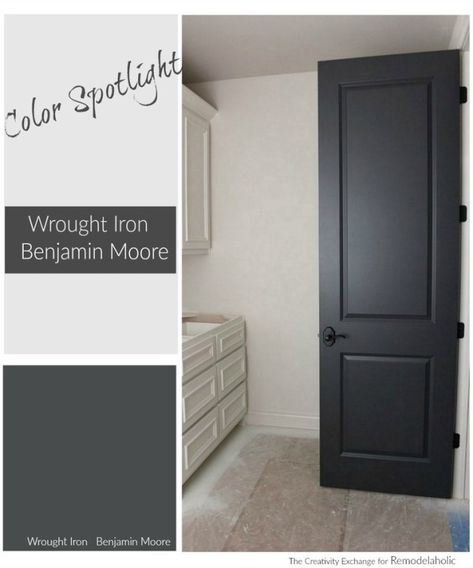 Color Spotlight: Benjamin Moore Pale Oak walls. Wrought Iron possible door accent Benjamin Moore Wrought Iron, Color Spotlight, Wrought Iron Paint, Fixer Upper House, Black Paint Color, Black Interior Doors, Interior Minimalista, Interior Painting, Dark Interiors