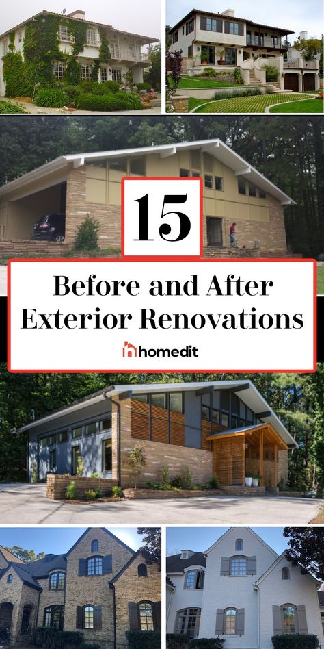 Draw inspiration from these 15 examples of before and after exterior home renovations. House Refacing Exterior, Renovating Exterior Of House, House Before And After Exterior Modern, Home Reno Before And After Exterior Makeover, Rendered House Exterior Before And After, Change Roof Line Before And After, Old Limestone House Exterior Update, Old Brick Home Remodel, House Exterior Remodel Before And After