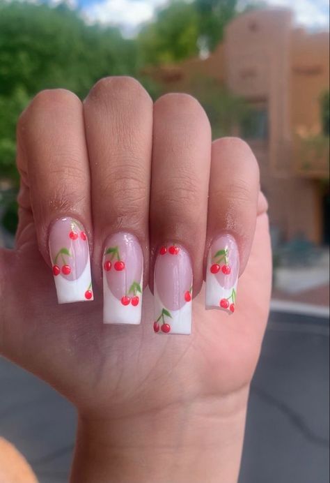 Nail Art Designs Summer Holiday, Coffin Cherry Nails, French Tip Summer Nails Designs, Cherry Acrylic Nails Square, Acrylic Nail Designs Cherry, Cherry Hearts Nails, Cherry Theme Nails, Cherry Biab Nails, Cherry French Tip Nails Square