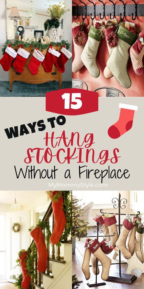 Ideas For Hanging Stockings Without A Mantle, Christmas Fireplace With No Mantle, Creative Ways To Hang Stockings Without Fireplace, No Mantle Stocking Idea Hanging, Hanging Stockings Ideas, Where To Put Stockings With No Fireplace, Christmas Stockings No Fireplace, How To Hang Stockings Without A Mantle, No Mantle Stocking Idea