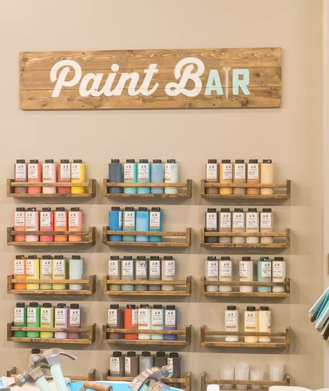 Workshop Decor Ideas, Sip And Paint Studio, Workshop Paint Colors, Diy Home Art Studio, Paint Workshop Ideas, Craft Store Ideas, Craft Store Interior, Paint Display Ideas, Art Studio Set Up