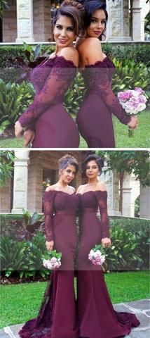 Vestidos Color Uva, Color Uva, Popular Bridesmaid Dresses, Off Shoulder Bridesmaid, Mermaid Long Bridesmaid Dresses, Pretty Bridesmaid Dresses, Beaded Bridesmaid Dress, Mermaid Bridesmaid, Bridesmaid Dresses With Sleeves