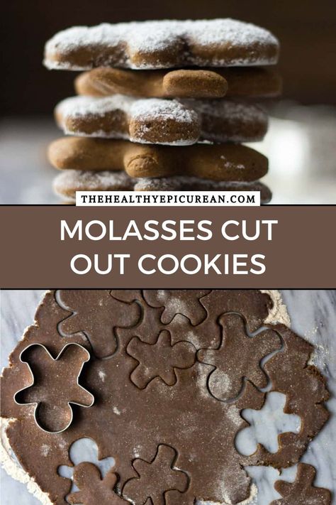 A side and overhead shot of gingerbread cut out cookies. Best Cutout Cookie Recipe, Mug Of Hot Chocolate, Easy Dessert Bars, Molasses Recipes, Christmas Cutout Cookies, Molasses Cookies Recipe, Easy Gingerbread, Cut Out Cookie Recipe, Horse Cookies